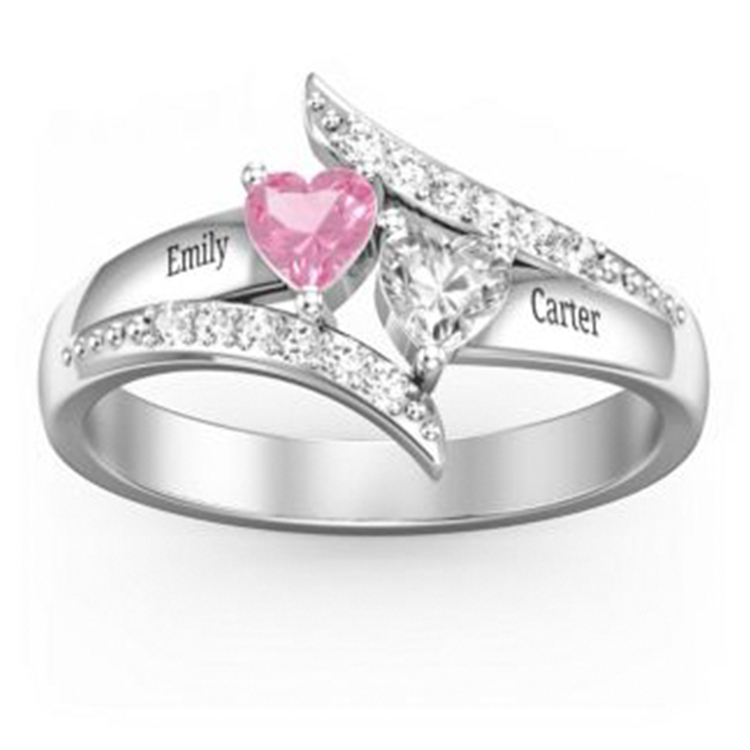 Lettering Double Heart Shape Birthstone Wedding Silver Ring